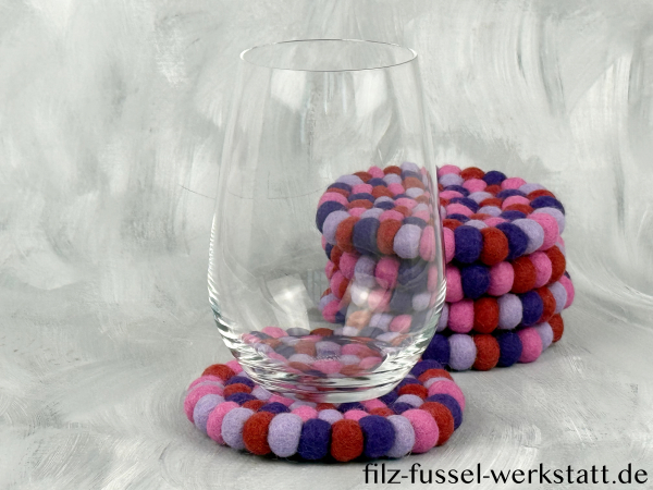 Filz, Glasuntersetzer, Tischdeko, Untersetzer, Filzkugeln, lila/rosa, rund, Ø 10 cm