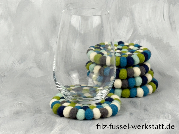 Filz, Glasuntersetzer, Tischdeko, Untersetzer, Filzkugeln, blau/grün, rund, Ø 10 cm