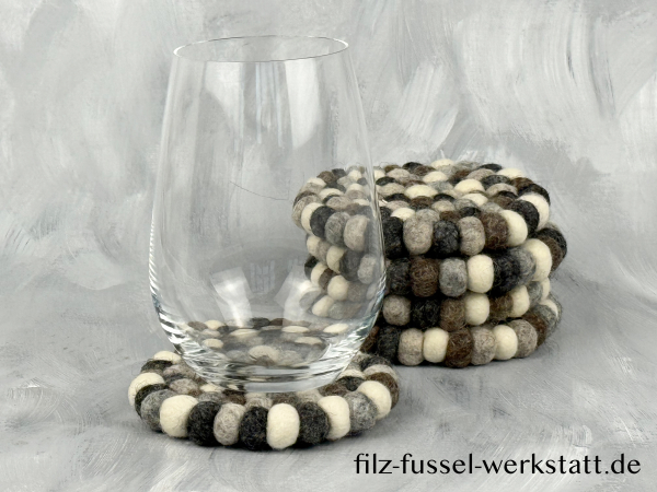 Filz, Glasuntersetzer, Tischdeko, Untersetzer, Filzkugeln, grau/weiß, rund, Ø 10 cm