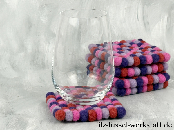 Filz, Glasuntersetzer, Tischdeko, Untersetzer, Filzkugeln, lila/rosa, eckig, Ø 10 cm