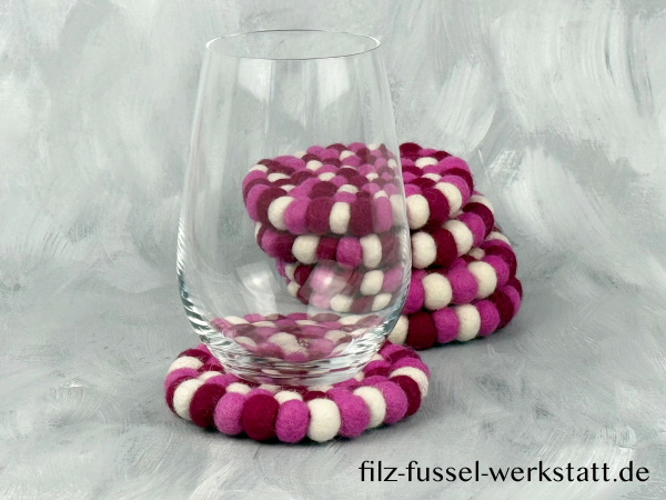 Filz, Glasuntersetzer, Tischdeko, Untersetzer, Filzkugeln, rosa/weiß, rund, Ø 10 cm