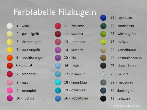 Filzkugeln Farbtabelle